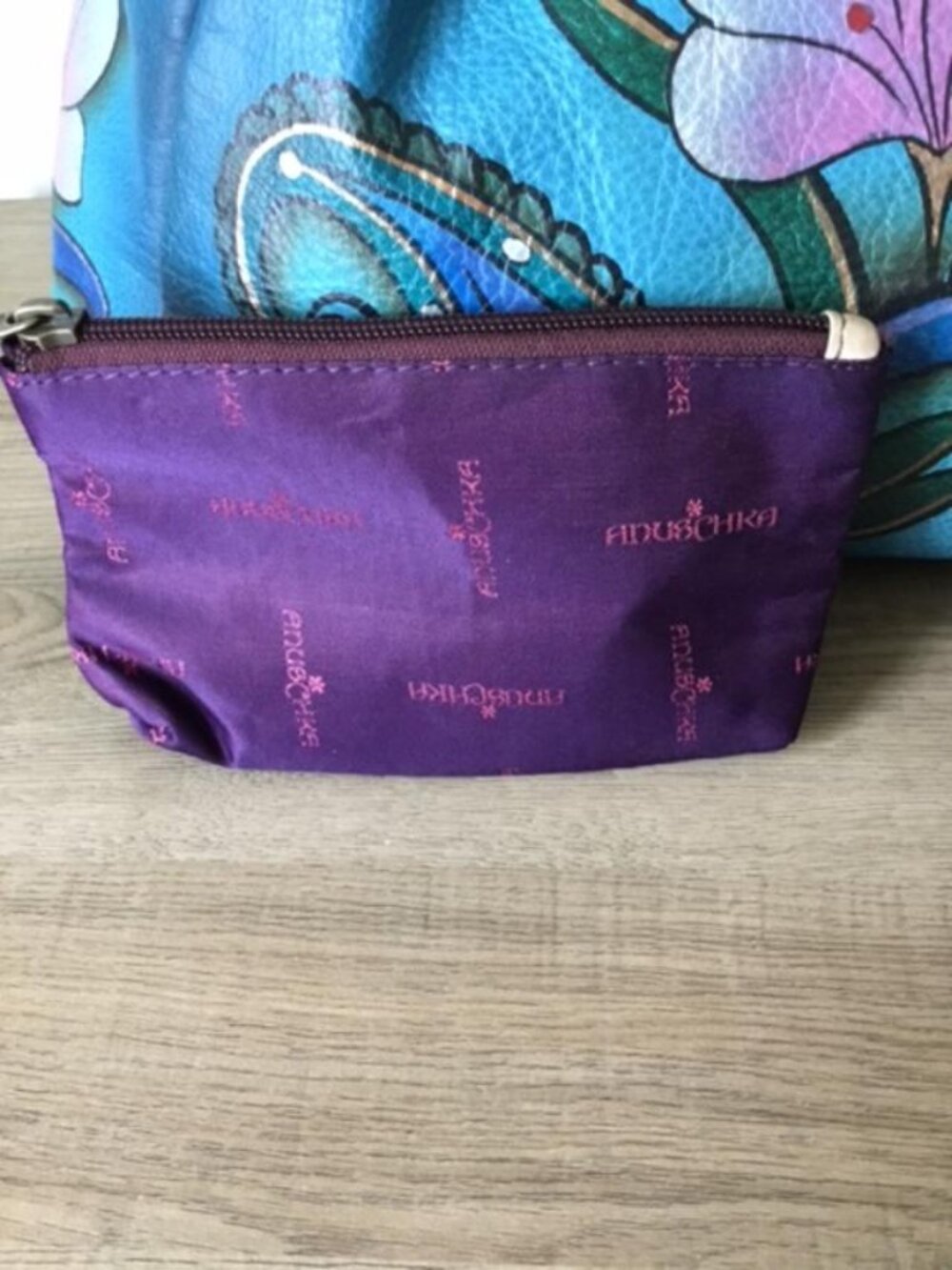 Anuschka Teal Floral Shoulder Bag with Pink and Blue Accents and Makeup Bag - Picture 4 of 14